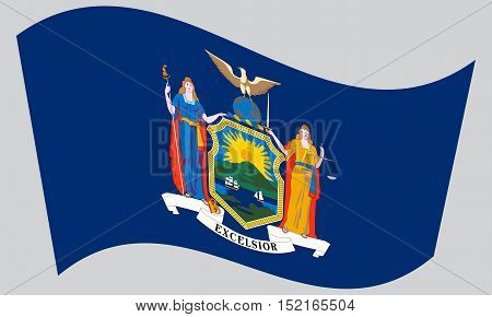 New Yorker official flag symbol. American patriotic element. USA banner. United States of America background. Flag of the US state of New York waving on gray background vector