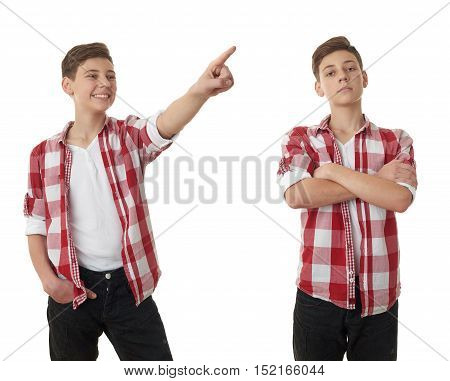 Set of cute teenager boy in red checkered shirt poinitng up side over white isolated background, half body