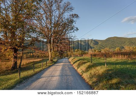 Fall colors on enchanted road at Smoky Mountains National Park during sunset