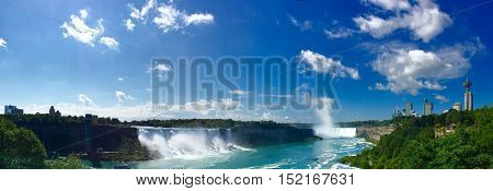 Niagara Falls with blue sky in panorama, Canada