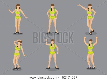 Set of six vector illustrations of cartoon brunette wearing sexy neon green bikini in different poses isolated on grey background.