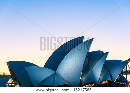 Sydney Australia - July 3 2016: Sydney Opera House at blue hour. Roof of famous Australian sightseeing and tourist attraction - Sydney Opera house