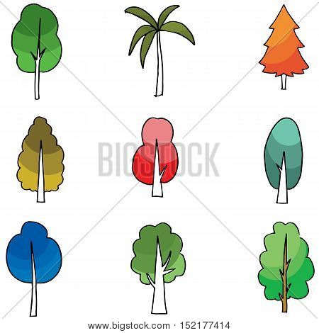 Cartoon tree set on doodles vectorr illustration