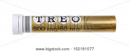 Stockholm, Sweden - January 4, 2014: One tube of the salicylate drug Treo produced for the Swedish market. Marketed in Sweden by Meda AB.
