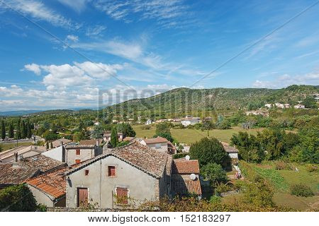 View from the town on the panorama of the Ardèche mountains.