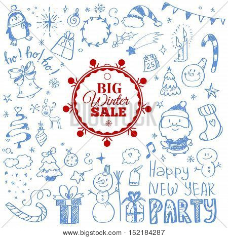 Vector illustration of Winter sale poster with Christmas doodles. Badge. Doodle megaset.