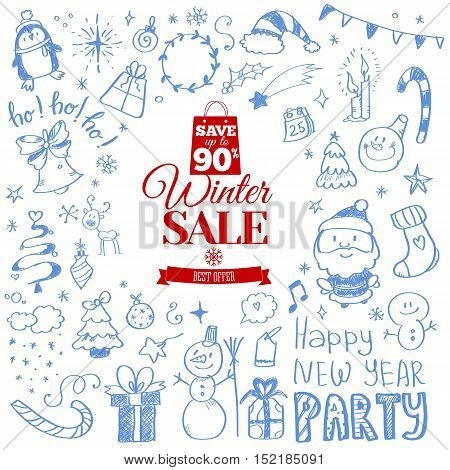 Vector illustration of Winter sale poster with Christmas doodles. Badge. Doodle megaset.