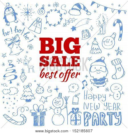Vector illustration of Winter sale poster with Christmas doodles. Badge. Doodle megaset.