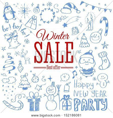 Vector illustration of Winter sale poster with Christmas doodles. Badge. Doodle megaset.