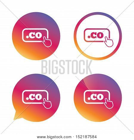 Domain CO sign icon. Top-level internet domain symbol with hand pointer. Gradient buttons with flat icon. Speech bubble sign. Vector