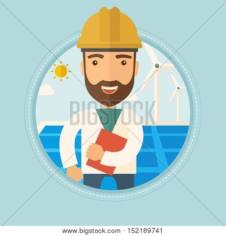 Worker of solar power plant and wind farm. Man with folder on background of solar panel and wind turbine. Green energy concept. Vector flat design illustration in the circle isolated on background.