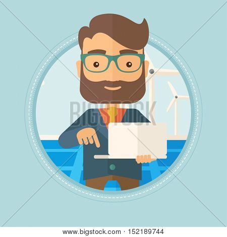 Hipster worker of solar power plant and wind farm. Man working on laptop on the background of solar panels and wind turbines. Vector flat design illustration in the circle isolated on background.