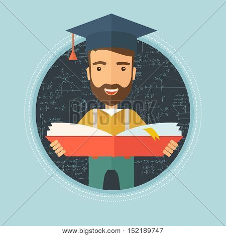 Graduate with open book in hands. Graduate in graduation cap. Graduate on a background of blackboard with mathematical equations. Vector flat design illustration in the circle isolated on background.