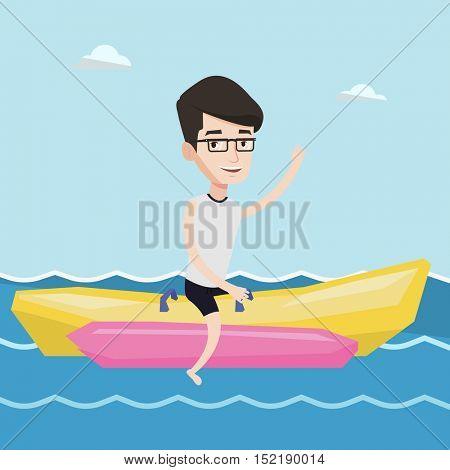 Male tourists riding a banana boat and waving hand. Young happy caucasian man having fun on banana boat in the sea. Man enjoying his summer vacation. Vector flat design illustration. Square layout.
