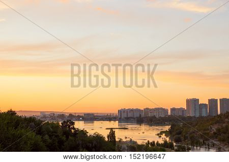 Sayran lake in Almaty city evening time Kazakhstan