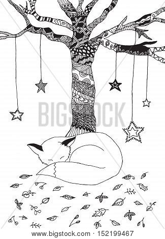 Fox and tree with stars, autumn. Doodle.