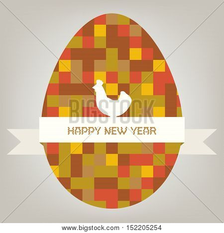 Happy New Year card. Illustration with pixel eggribbon and rooster.