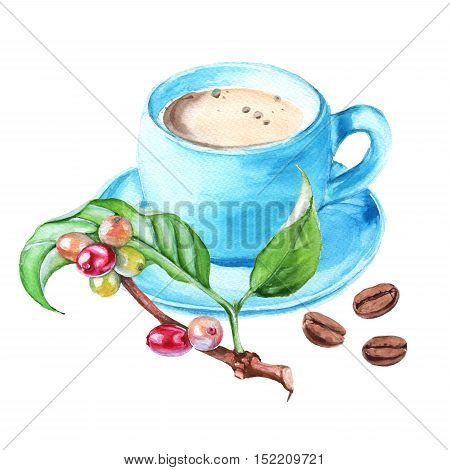 Set of coffee. Cakes blue Cup of coffee a branch of the coffee tree. Isolated on a white background. Watercolor illustration.