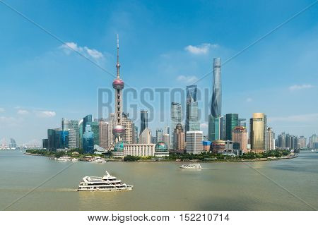 Aerial view of shanghai shanghai lujiazui finance and business district trade zone skyline with cruise ship Shanghai China