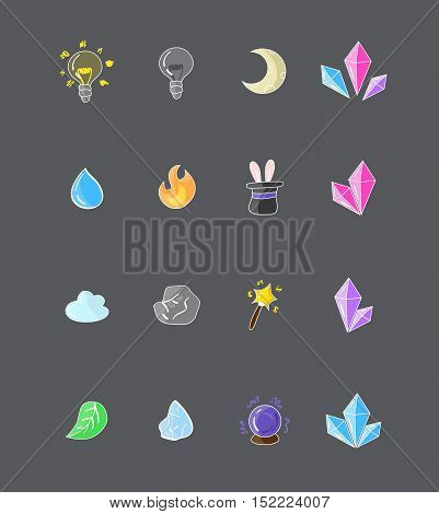 Set of colorful game elements, set full of useful icons such as water, fire, crystals and other more
