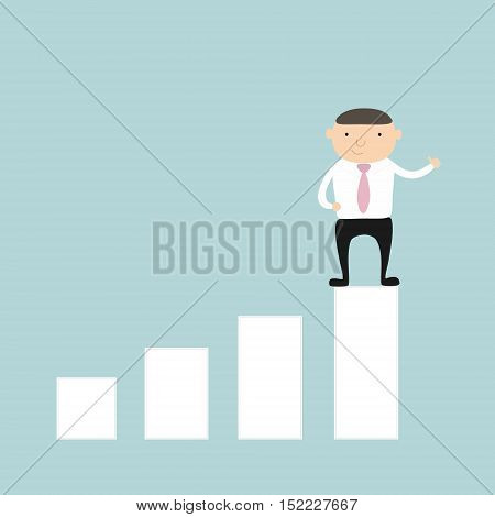 Businessman stands on top of chart. Vector illustration.
