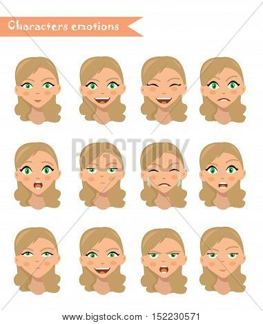 girl emotion face expression icons and beauty girl emotion face vector. Isolated set of Human emotion face avatar expressions face emotions vector illustration. woman emotion face set.
