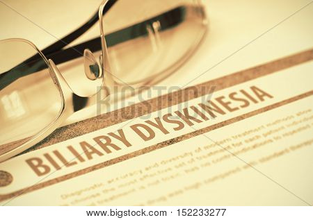 Diagnosis - Biliary Dyskinesia. Medical Concept with Blurred Text and Glasses on Red Background. Selective Focus. 3D Rendering.