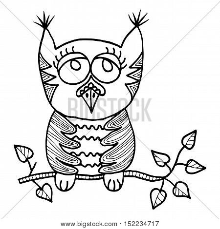 cute owl sits on vector photo free trial bigstock cute owl sits on a branch with leaves picture for adult coloring book page design