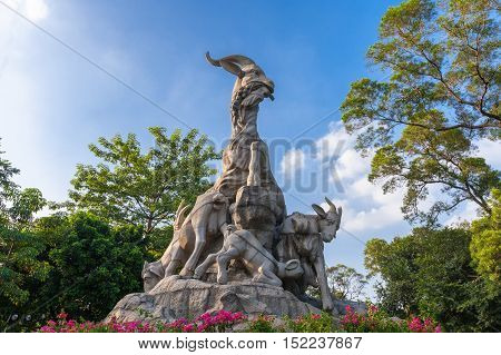 GUANGZHOU, CHINA - OCTOBER 4: Five Rams Statue the symbol of Guangzhou in Yuexiu Park on October 4, 2016 in Guangzhou, China.