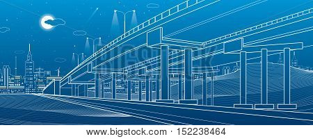 Automotive overpass, architectural and infrastructure illustration, transport flyover, highway, white lines urban scene, night city on background, vector design art