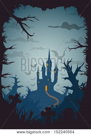 Halloween blue old movie style poster castle at night with full moon vertical a3, a4, a5 format size. Vector background