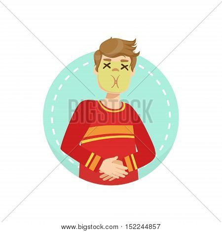 Sick Emotion Body Language Illustration. Emotional Facial Expression And Gesture With Man In Red T-shirt In Blue Round Frame .