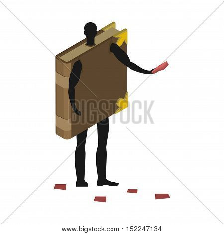 Book Costume Man Mascot Promoter. Male In Suit Volume Distributes Flyers. Puppets Psalterium Engaged