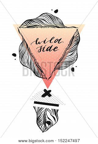 Hand drawn vector abstract graphic line card template of triangle compositiontropical palm leavescrossespolka dot textures and handwrittem lettering phase wild side .Unusual hipster print.