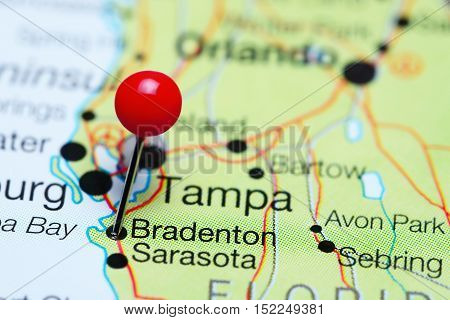 Bradenton pinned on a map of Florida, USA