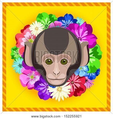 Vector portrait of a monkey among the flowers. Beautiful flower frame, rim. Symmetrical portraits of animals. Vector Illustration, greeting card, poster. Icon. Animal face. Image of a monkey's face.