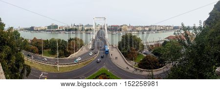 Bridge over the Danube in Budapest. Erzsébet Bridge is named in honor of the Empress Elizabeth and connects Buda and Pest. View from Mount Gallert.