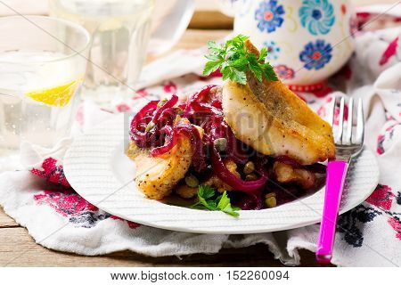 Fish Fillets in a Sweet-and-Sour Sauce.seletive focus