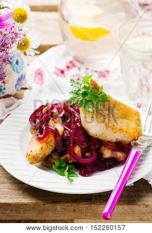 Fish Fillets in a Sweet-and-Sour Sauce.seletive focus