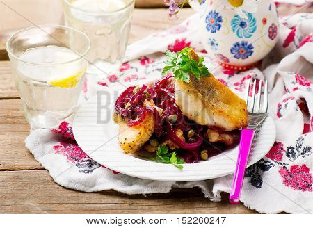 Fish Fillets in a Sweet-and-Sour Sauce.seletive focus
