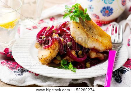 Fish Fillets in a Sweet-and-Sour Sauce.seletive focus