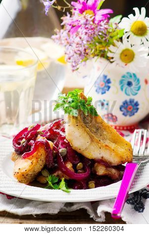 Fish Fillets in a Sweet-and-Sour Sauce.seletive focus