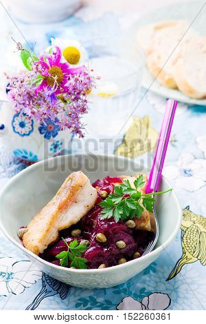 Fish Fillets in a Sweet-and-Sour Sauce.seletive focus