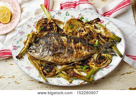 Grilled Fish with Fennel . seletive focus