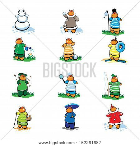 set of cartoon cows on a calendar year
