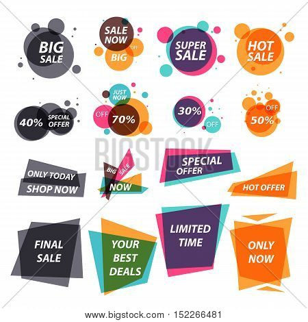 Set of vector flat design sale stickers. Illustrations of sale and discounts banners. Elements for ads design.