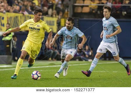 VILLARREAL, SPAIN - OCTOBER 16th: Rodrigo with ball during La Liga soccer match between Villarreal CF and R.C. Celta de Vigo at El Madrigal Stadium on October 16, 2016 in Villarreal, Spain