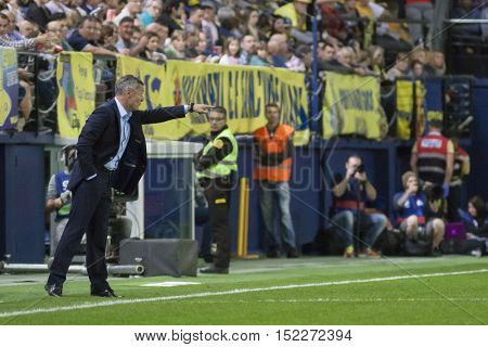 VILLARREAL, SPAIN - OCTOBER 16th: Villarreal Coach Fran Escriba during La Liga soccer match between Villarreal CF and R.C. Celta de Vigo at El Madrigal Stadium on October 16, 2016 in Villarreal, Spain