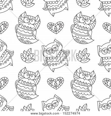 vector owls for coloring, seamless pattern of owls, leaves and hearts with ornaments