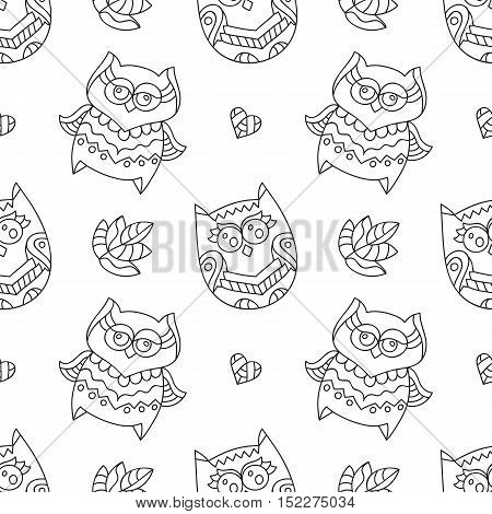 vector owls for coloring, seamless pattern of owls, leaves and hearts with ornaments